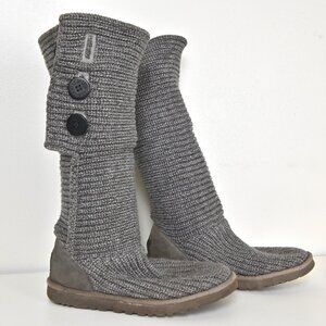 UGG's Classic Cardy Mid-Calf Fold Down Suede Trim Knit Grey Sock Boot US9 UK7.5